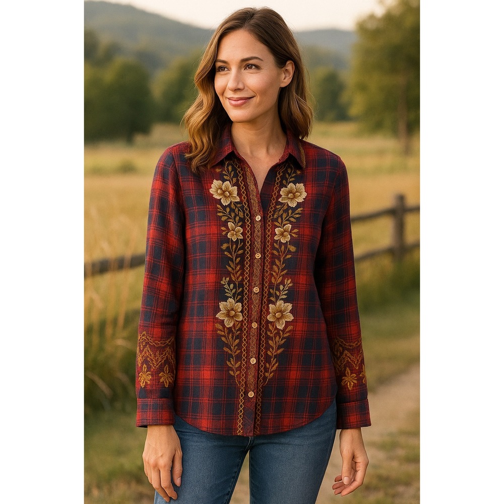 Tru Luxe Jeans Embroidered Plaid Boho Western Mixed Media Button Top XL‎ FloralH